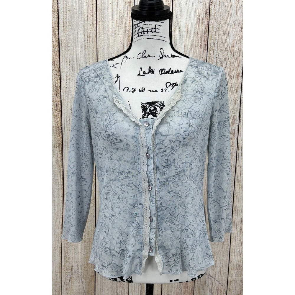 J. Jill Sheer Floral Lace Trim Button Front Cardigan Top‎ Small Blue Long Sleeve